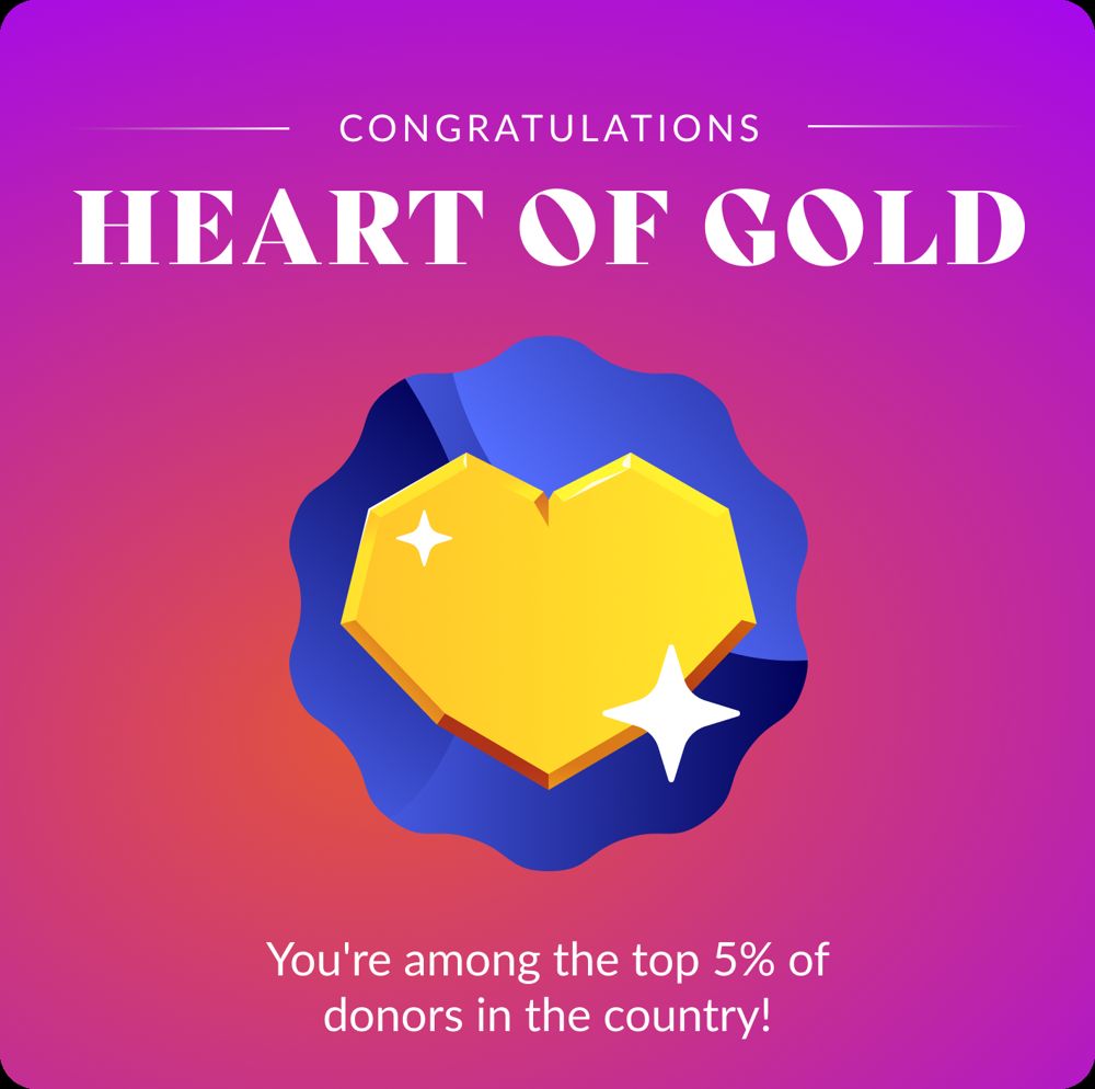 Badge illustration reading Heart of Gold, awarded for being among the top five percent of donors