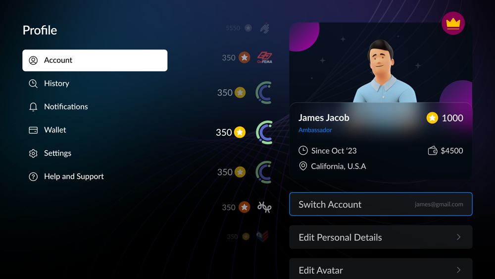 Profile screen variant with the member card at right and per-app point tallies arranged along a curve at left
