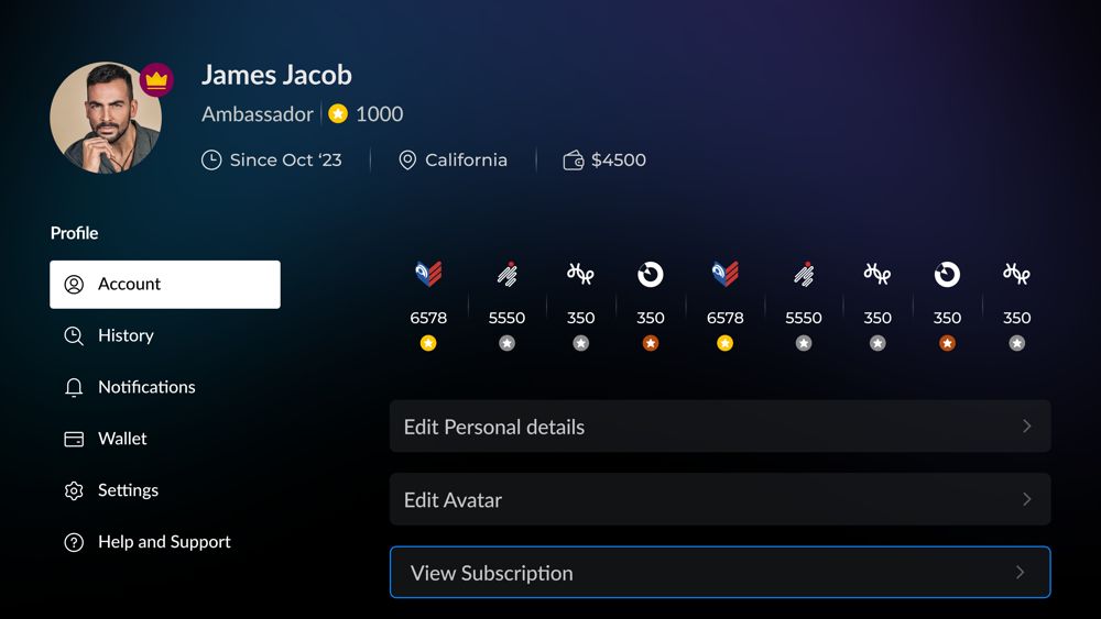 Profile screen with account navigation, a member card, and a row of per-app point tallies