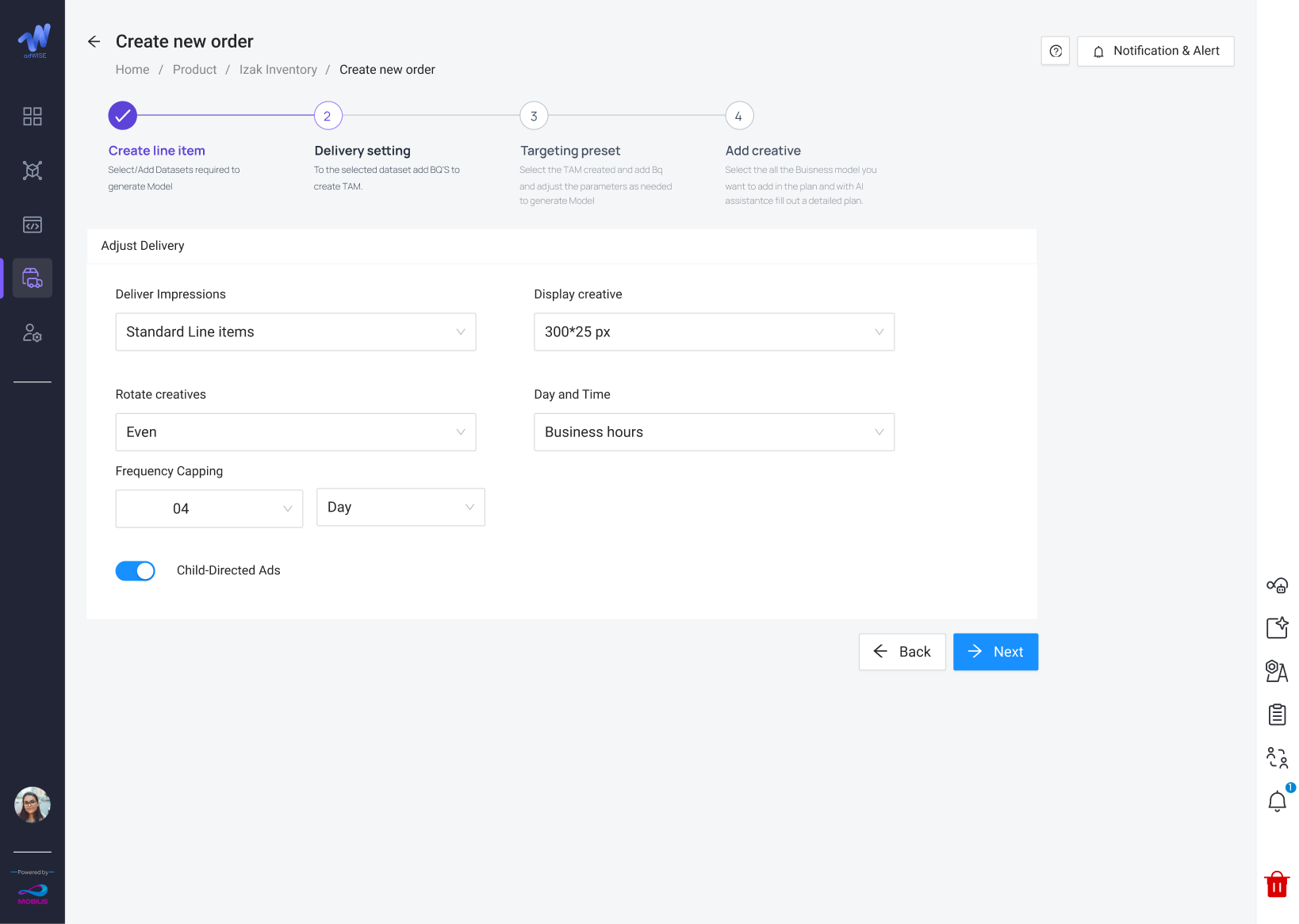 Advertiser platform — create-new-order flow on the delivery-setting step.