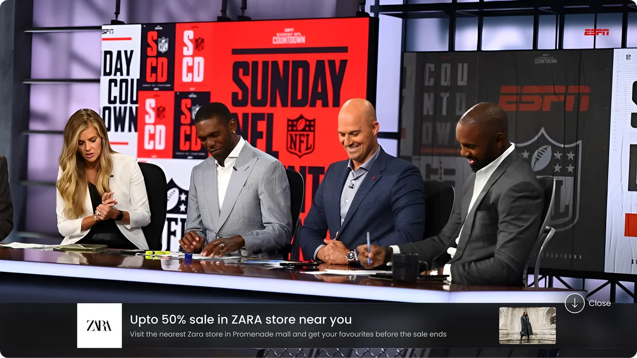 Dismissible lower-third overlay during live content.