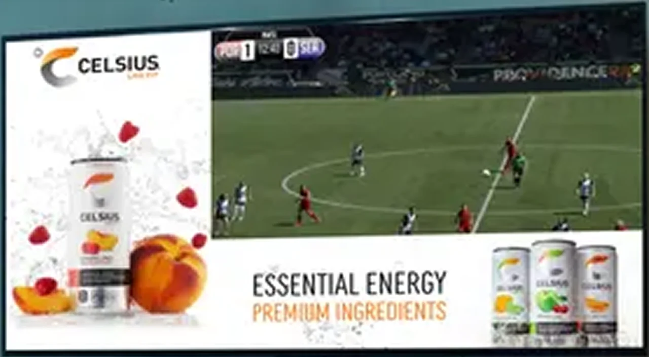 A banner ad sitting like a sticker over live broadcast content.