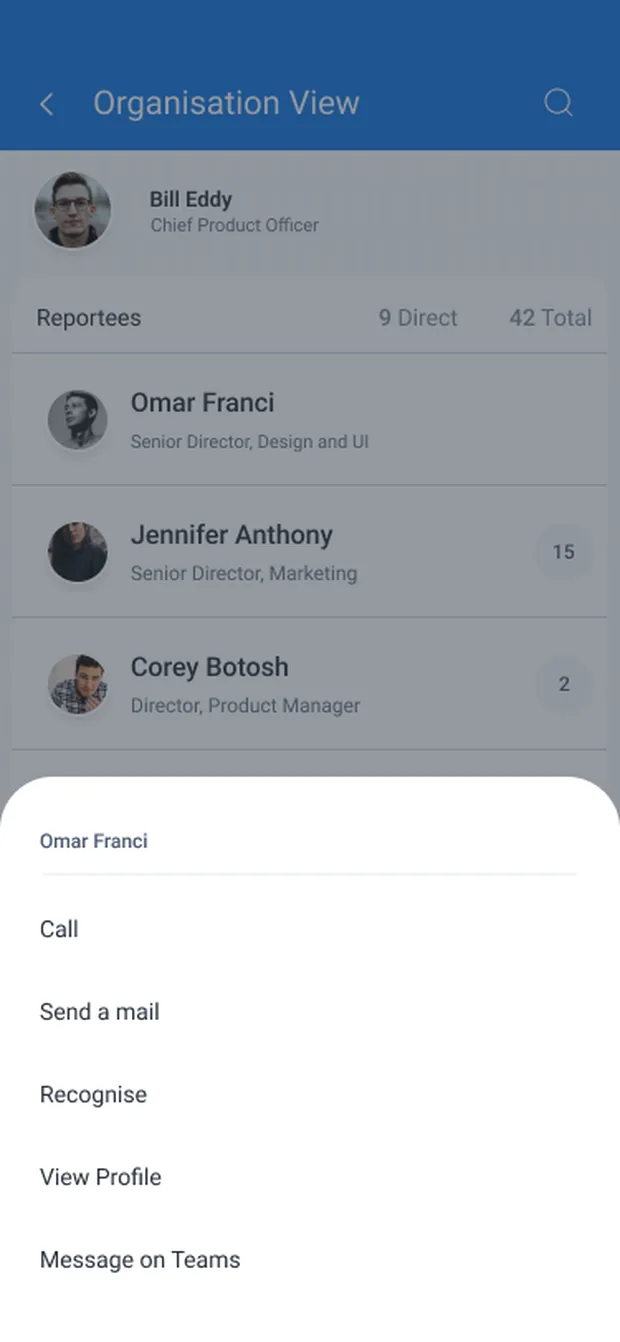 Action sheet: Call, Send a mail, Recognise, View Profile, Message on Teams