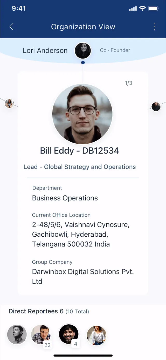 Focus card: manager above, peers sideways, reports below