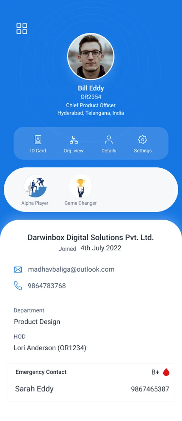 Your own profile: ID Card, Org view, Details, Settings