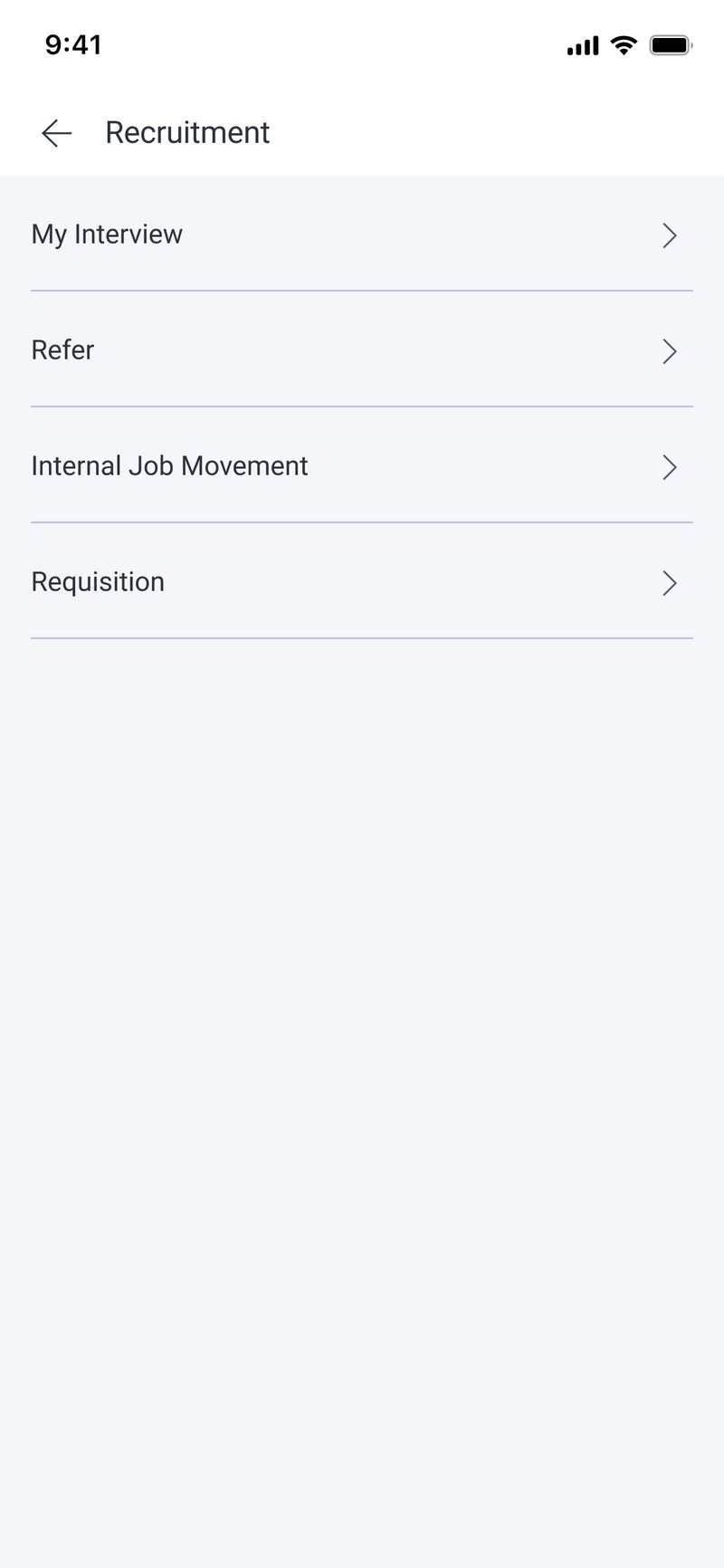 The Recruitment module nav: My Interview, Refer, Internal Job Movement, Requisition