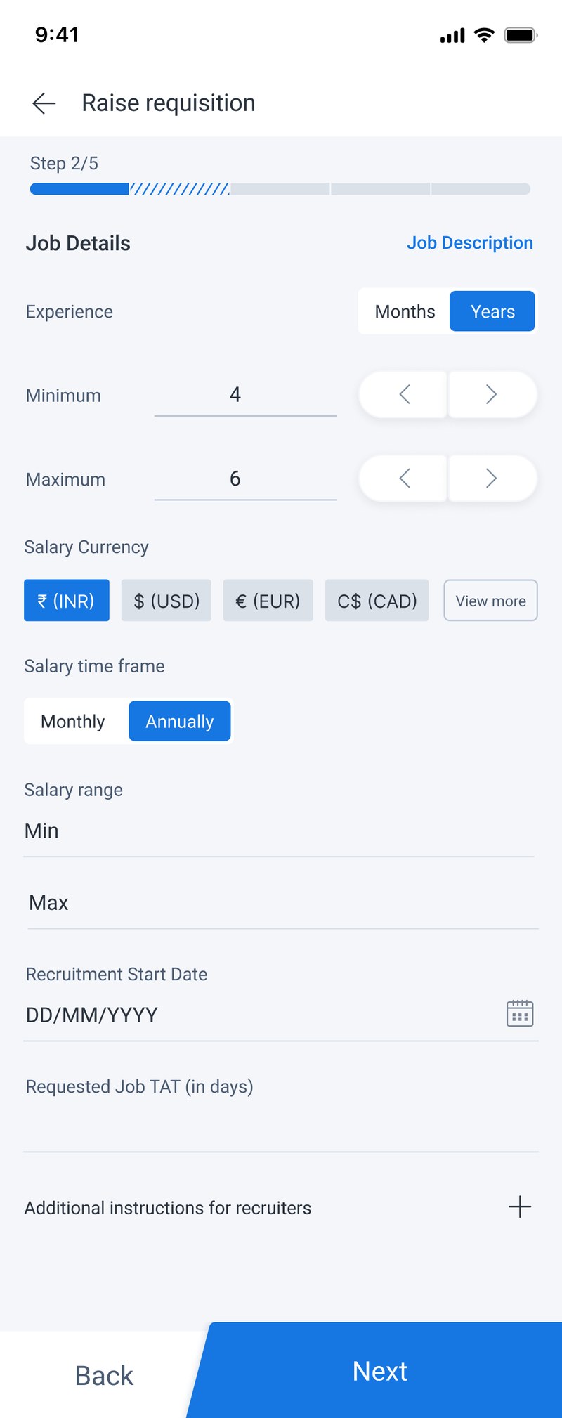 Job Details. Experience as steppers, currency and cadence as chips.