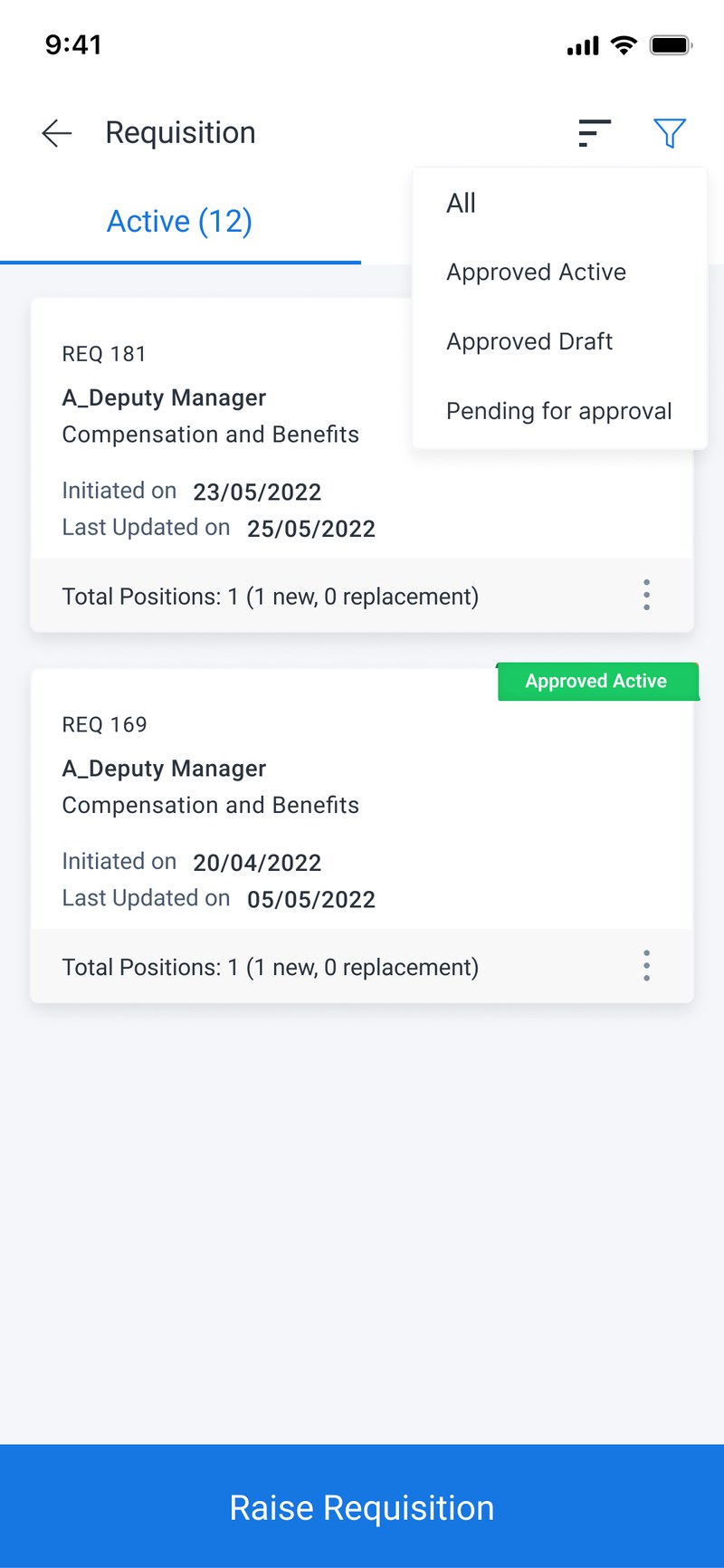 The requisition list with the filter menu open, showing status options