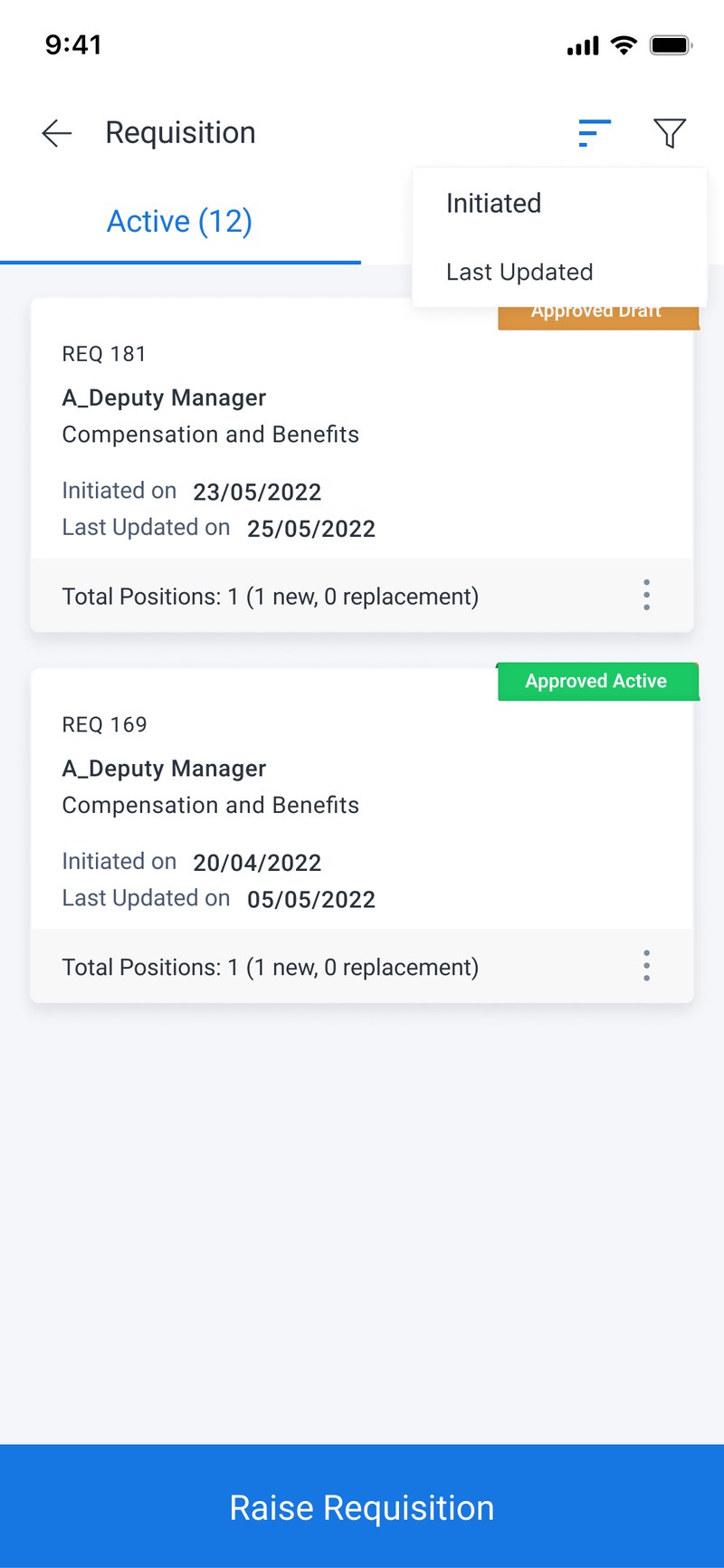 The requisition list with the sort menu open, showing Initiated and Last Updated