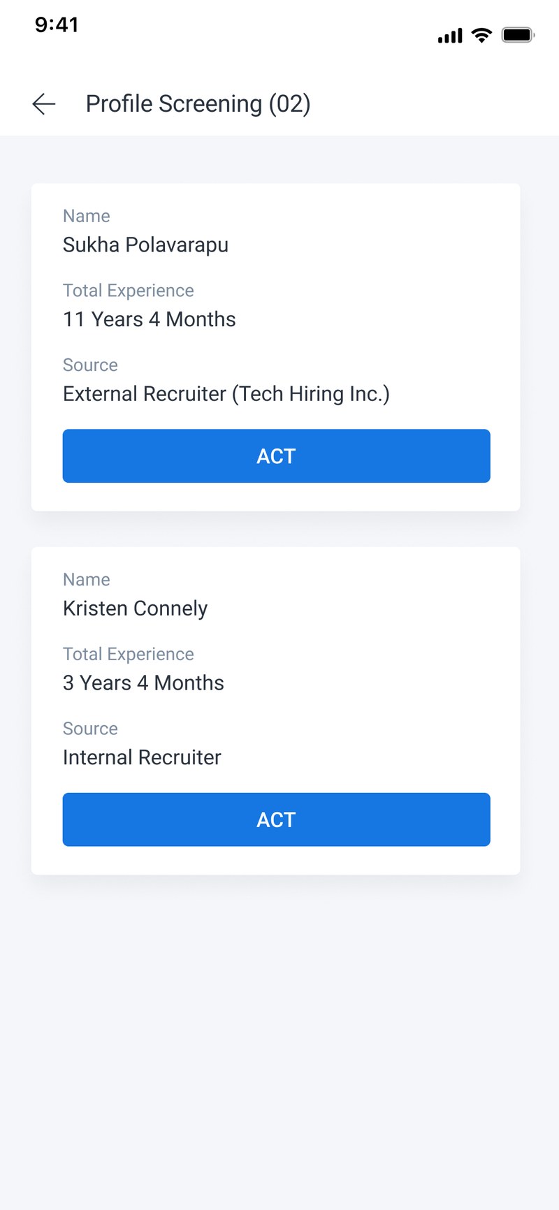 Two candidates, flat. Name, experience, and where they came from.