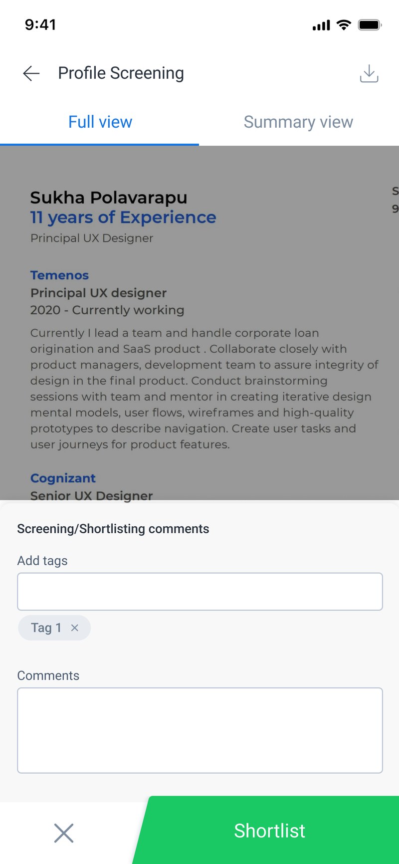 Screening comments are free text, with tags.