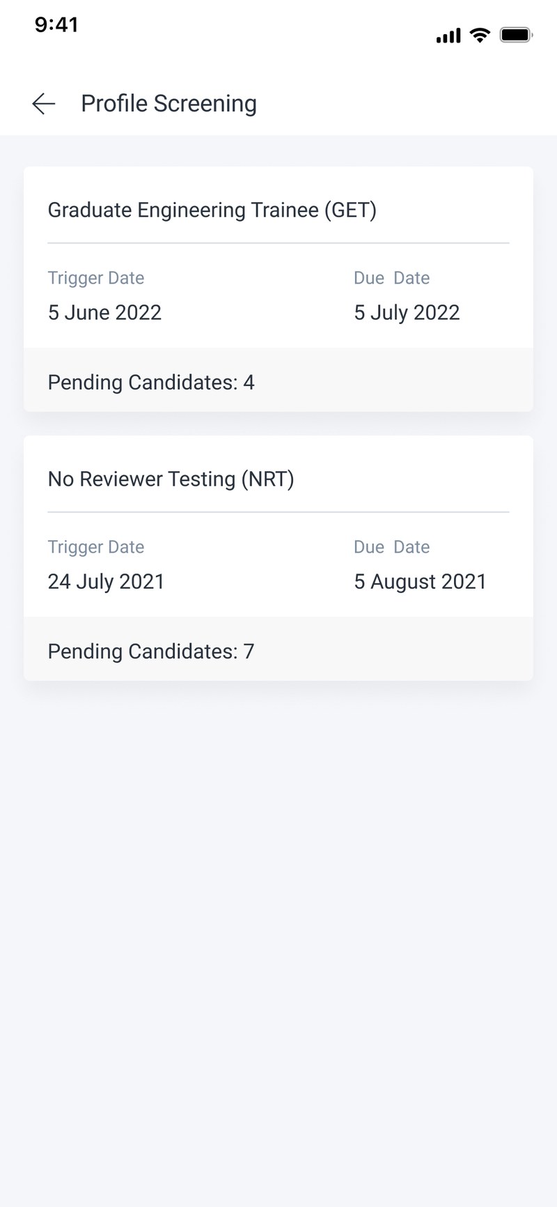 Grouped under the job opening, with Trigger Date and Due Date. A recruiter's model of the work.